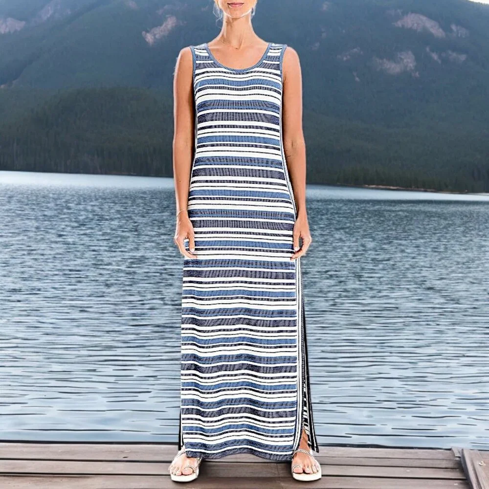 chinese dress ladies Miss Circle Women's Mackenna Navy Stripe Halter Smock Back Maxi Dress